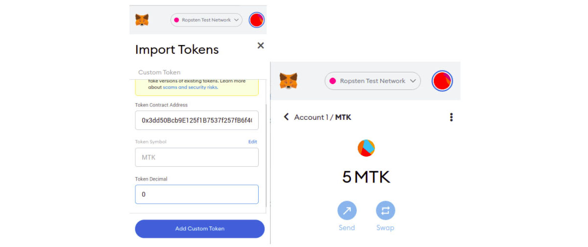 Figure 4: Test NFT called MyToken (MTK), viewed in a MetaMask wallet