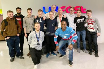 Tom Robinson (Head of Apprenticeships at UKFast) and Aaron Saxton (UKFast Director of Training and Education) with G. Matthew Rice (Executive Director of Linux Professional Institute) and a group of apprentices who have passed Linux Essentials in December Tom Robinson and Aaron Saxton with G. Matthew Rice and a group of apprentices