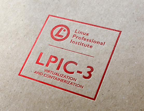 LPIC-3 Virtualization and Containerization certification logo on paper background