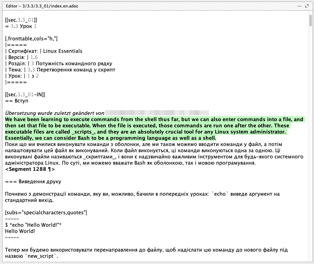 Figure 3: Translating a lesson in OmegaT