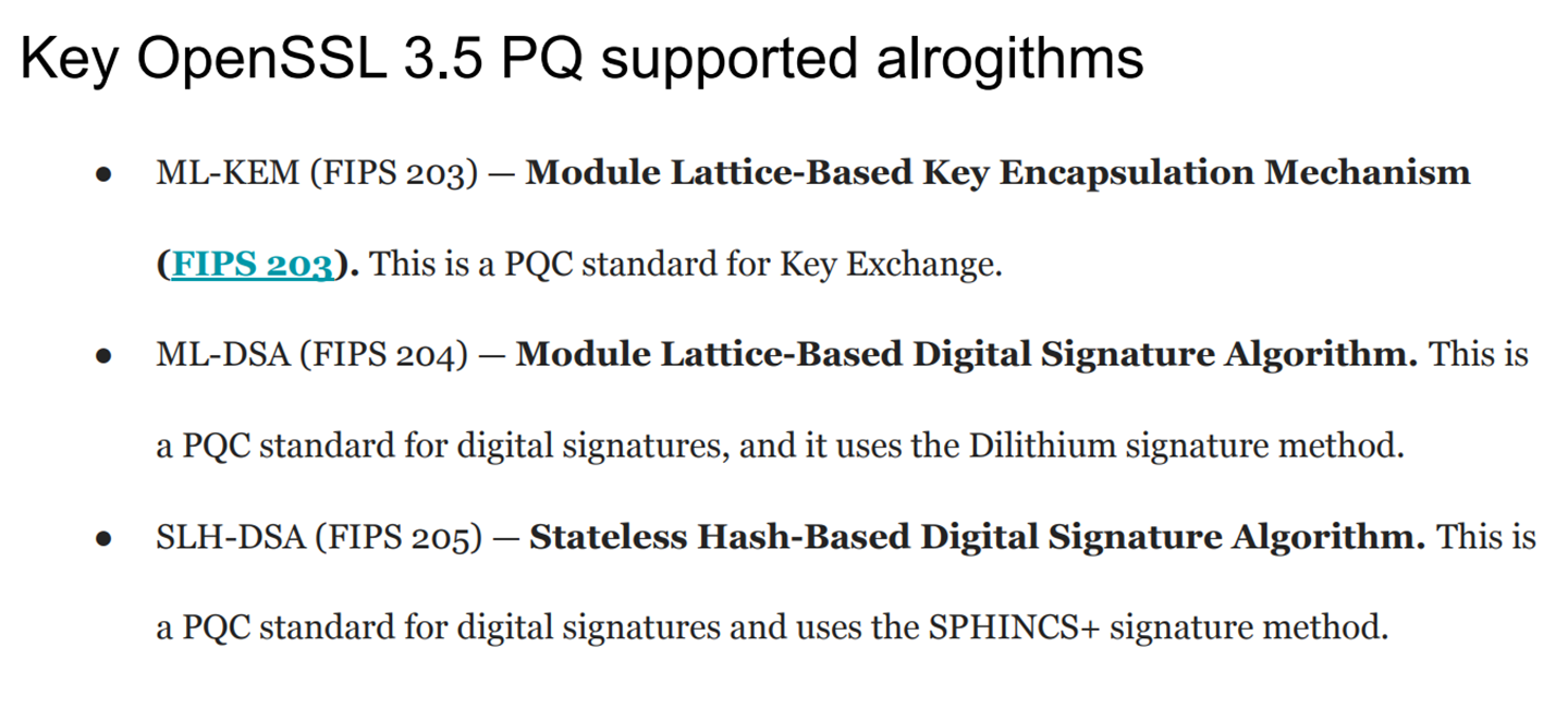 Key OpenSSL 3.5 PQ supported algorithms